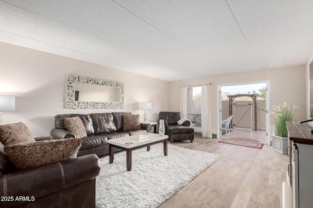 living room featuring a textured ceiling and light wood-type flooring