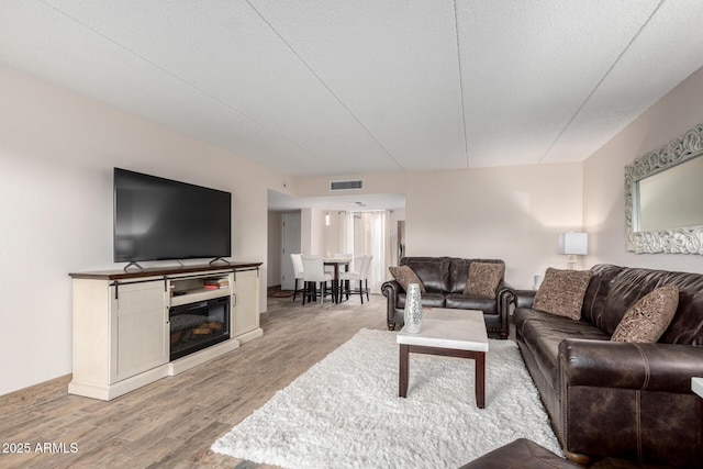 living room featuring light hardwood / wood-style floors and a textured ceiling