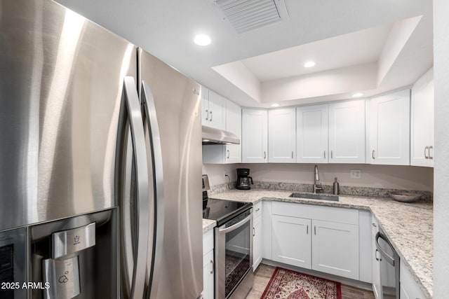 kitchen with white cabinets, sink, light stone countertops, appliances with stainless steel finishes, and a tray ceiling