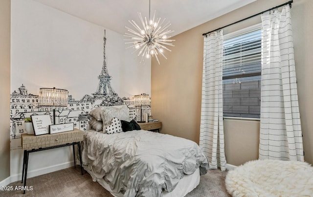 carpeted bedroom with an inviting chandelier and baseboards