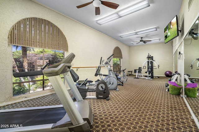 7512 N Via Camello Del Sur, Scottsdale, AZ 85258 - gym featuring a textured wall and a ceiling fan