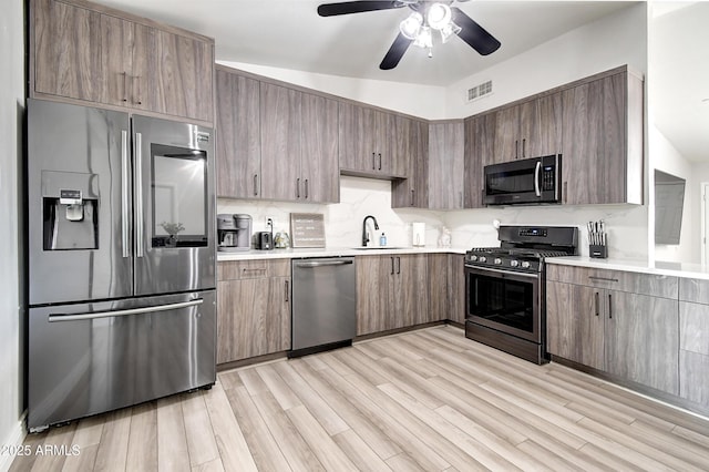 kitchen featuring stainless steel appliances, a sink, visible vents, light countertops, and tasteful backsplash