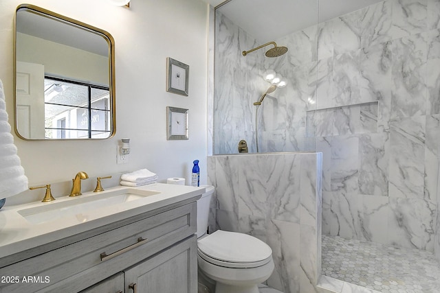 bathroom featuring toilet, vanity, and a marble finish shower