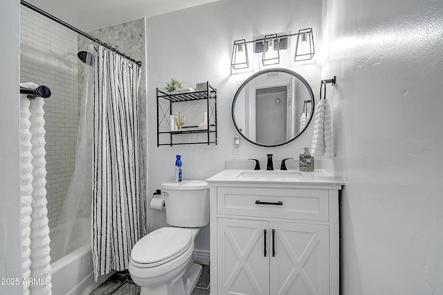 full bathroom with vanity, toilet, and shower / bath combo with shower curtain