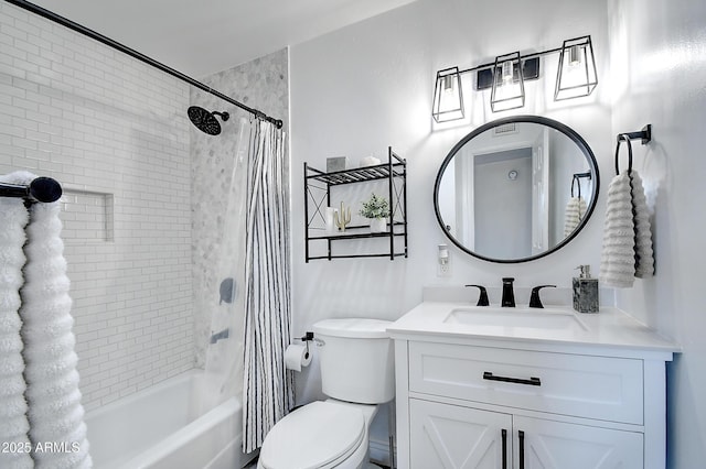 bathroom with toilet, shower / tub combo, and vanity