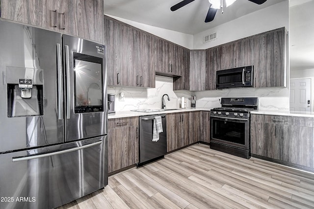 kitchen featuring tasteful backsplash, light countertops, visible vents, appliances with stainless steel finishes, and a sink