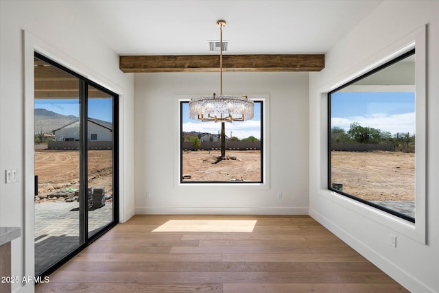 3323 N 81st St, Mesa, AZ 85207 - unfurnished dining area featuring a chandelier, beam ceiling, wood finished floors, and baseboards