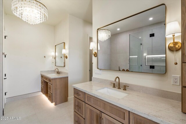 3323 N 81st St, Mesa, AZ 85207 - full bathroom with a chandelier, two vanities, recessed lighting, tile patterned floors, and a shower