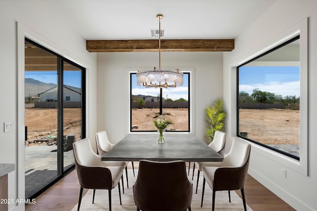 3323 N 81st St, Mesa, AZ 85207 - dining space featuring wood finished floors, a chandelier, beam ceiling, and baseboards