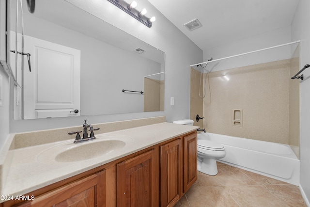 full bathroom featuring shower / tub combination, tile patterned floors, vanity, and toilet