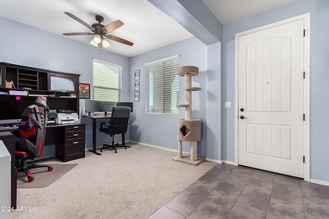 office space featuring carpet floors and ceiling fan