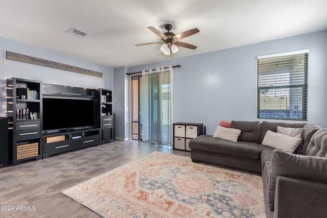 living room with ceiling fan