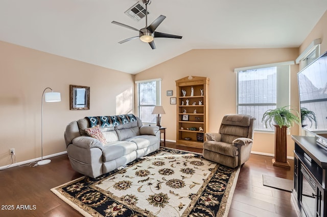 living room with dark wood-type flooring, ceiling fan, and lofted ceiling