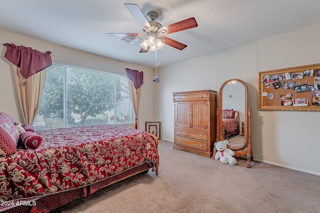 bedroom featuring carpet flooring and ceiling fan