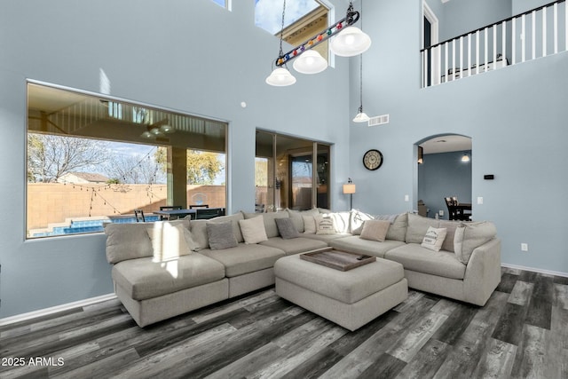 living room with dark wood-type flooring