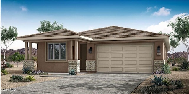 view of front of house with stucco siding, concrete driveway, an attached garage, stone siding, and a tiled roof