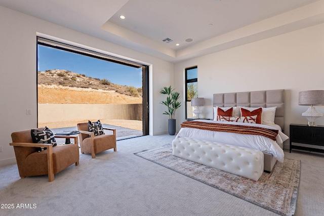 carpeted bedroom with access to outside and a raised ceiling