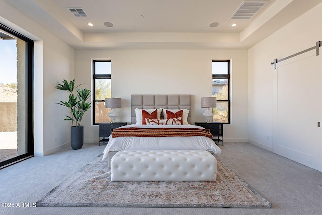 bedroom featuring a raised ceiling, a barn door, access to outside, and carpet