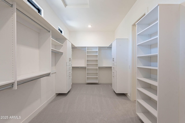 walk in closet with light carpet