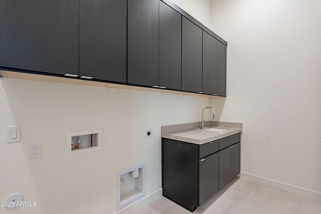 laundry room featuring light tile patterned flooring, sink, cabinets, washer hookup, and electric dryer hookup