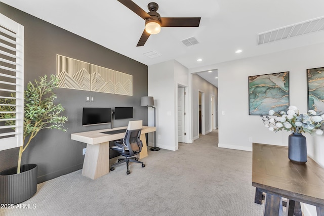 carpeted home office featuring ceiling fan, recessed lighting, visible vents, and baseboards