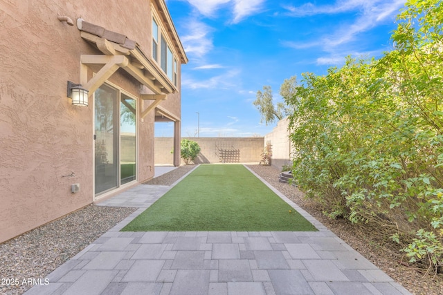 view of yard featuring a patio area and a fenced backyard