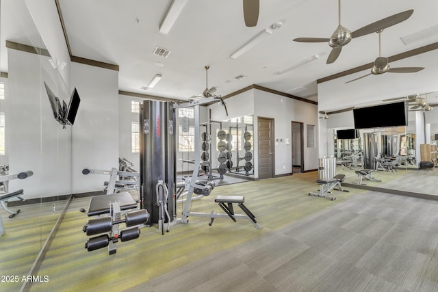 exercise room with ornamental molding, carpet, visible vents, and baseboards