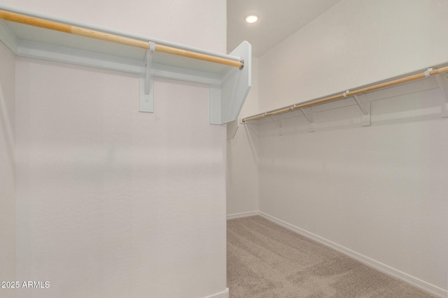 walk in closet with light carpet