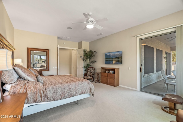 carpeted bedroom with access to exterior and ceiling fan