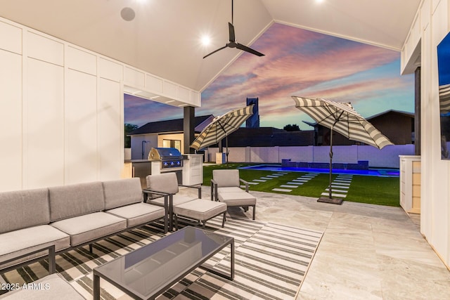 7851 N Central Ave, Phoenix, AZ 85020 - patio terrace at dusk with an outdoor living space, a patio area, a fenced backyard, and ceiling fan