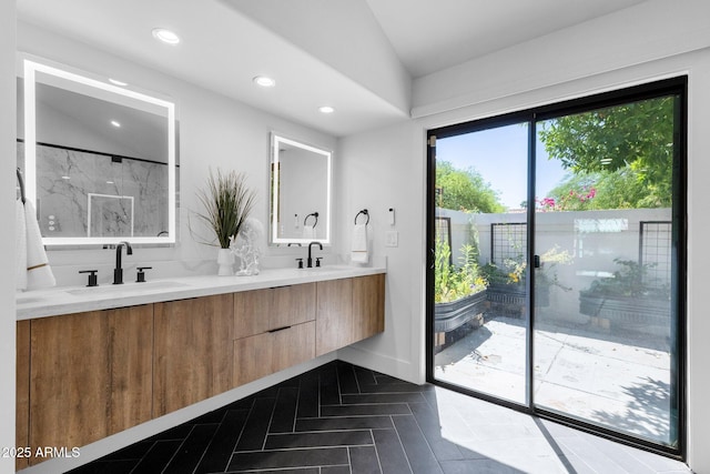 10360 N 98th St, Scottsdale, AZ 85258 - bathroom featuring double vanity, a sink, vaulted ceiling, and recessed lighting