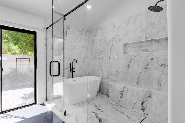 10360 N 98th St, Scottsdale, AZ 85258 - bathroom with a freestanding tub, lofted ceiling, a marble finish shower, and marble finish floor