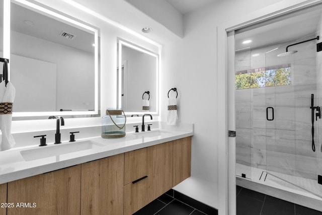 10360 N 98th St, Scottsdale, AZ 85258 - full bathroom with a sink, tile patterned floors, a stall shower, and double vanity