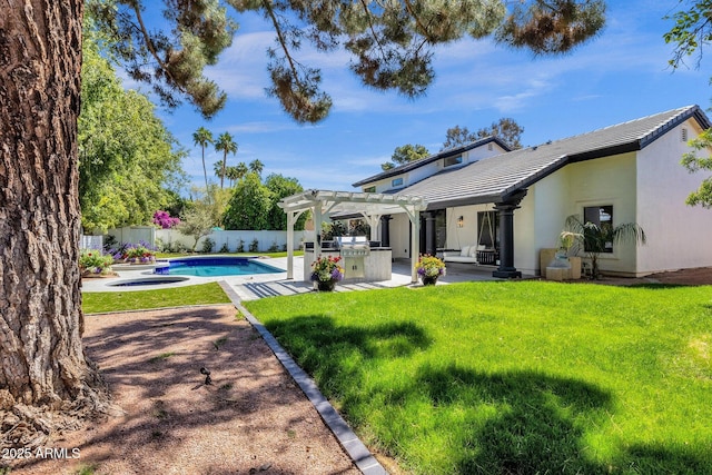 10360 N 98th St, Scottsdale, AZ 85258 - back of house featuring a pergola, a fenced backyard, a fenced in pool, a lawn, and a tile roof