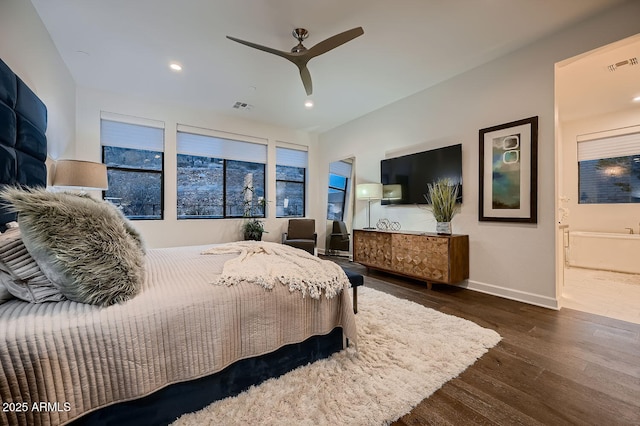 bedroom with dark wood-type flooring and ceiling fan