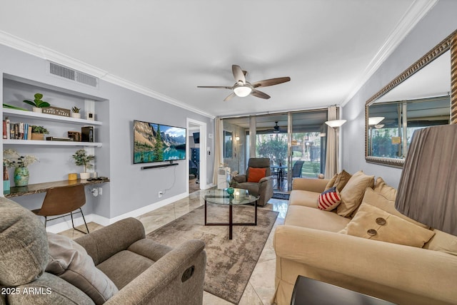 7625 E Camelback Rd Unit B138, Scottsdale, AZ 85251 - living room featuring ornamental molding, a ceiling fan, marble finish flooring, and baseboards