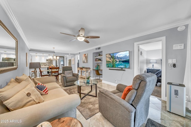 7625 E Camelback Rd Unit B138, Scottsdale, AZ 85251 - living area featuring ornamental molding, ceiling fan, a chandelier, built in features, and light tile patterned floors