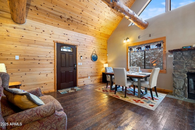 dining room featuring high vaulted ceiling, wood walls, wood ceiling, and hardwood / wood-style floors