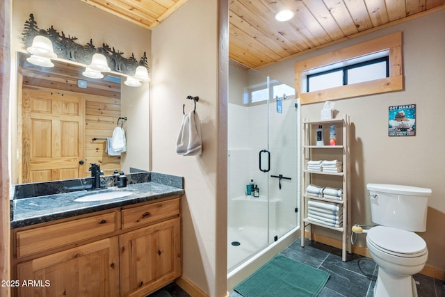 bathroom with a shower stall, baseboards, wood ceiling, toilet, and vanity