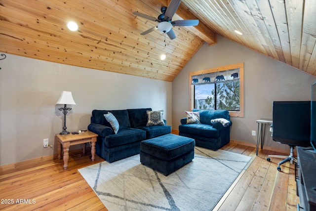 living room with lofted ceiling with beams, light wood-style floors, wooden ceiling, and a ceiling fan