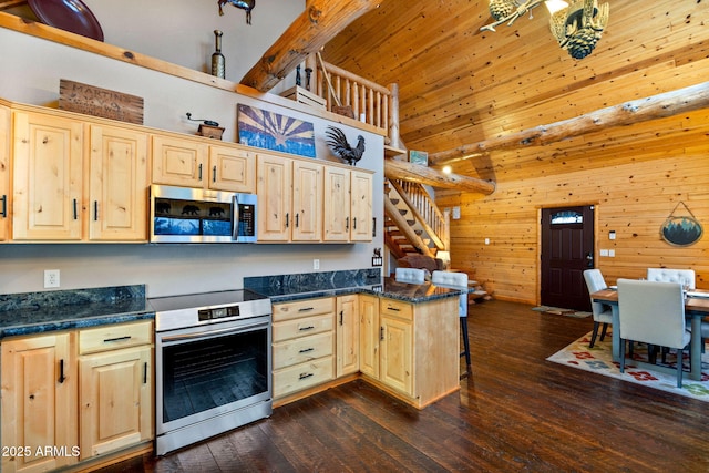 kitchen with dark wood finished floors, a peninsula, light brown cabinets, and appliances with stainless steel finishes