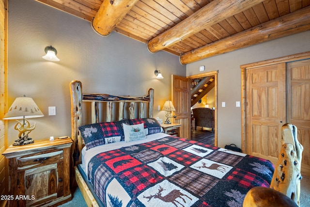 bedroom with beam ceiling and wooden ceiling