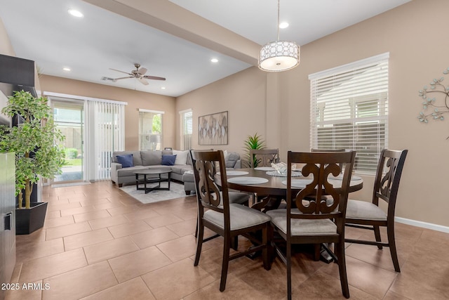 20556 W Point Ridge Rd, Buckeye, AZ 85396 - dining area featuring light tile patterned floors, ceiling fan, and recessed lighting