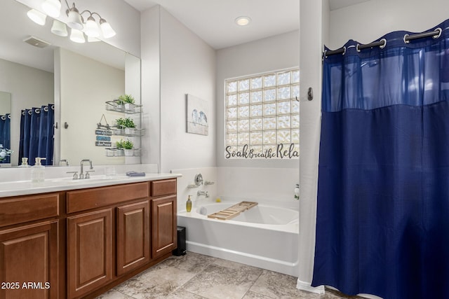 full bathroom featuring vanity, a shower with shower curtain, and a bath