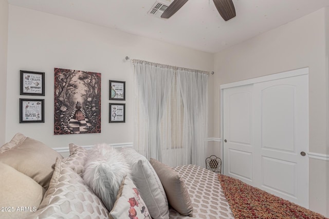 bedroom with a ceiling fan, visible vents, and a closet