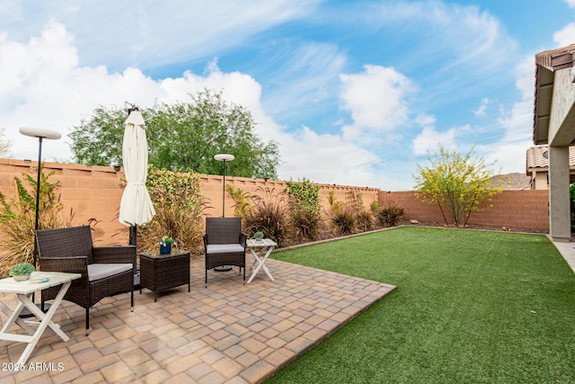 view of yard featuring a fenced backyard and a patio area