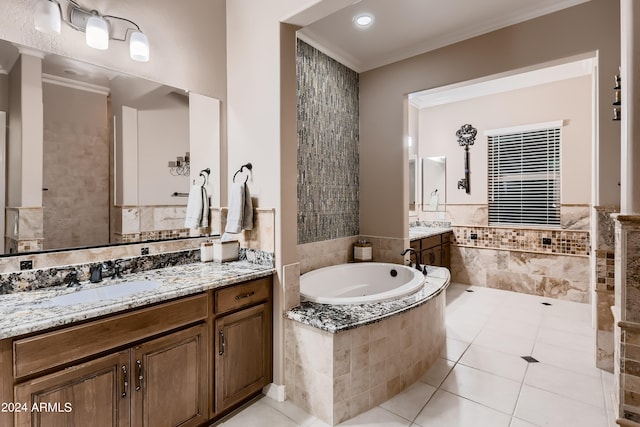 full bathroom with crown molding, a garden tub, two vanities, tile patterned floors, and a sink