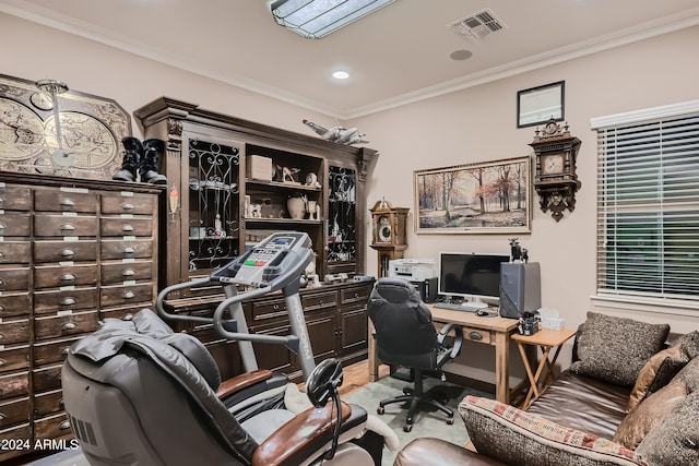 home office featuring crown molding, recessed lighting, wood finished floors, and visible vents