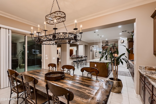 dining room featuring light tile patterned floors, recessed lighting, and ornamental molding