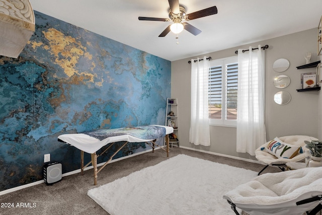 bedroom featuring ceiling fan and carpet floors